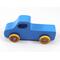 Handmade wooden toy pickup truck painted in baby blue with metallic sapphire blue trim. The truck features non-marring amber shellac wheels and is part of my Play Pal Collection. A close-up shot of the toy truck on a white background. Made to Order.